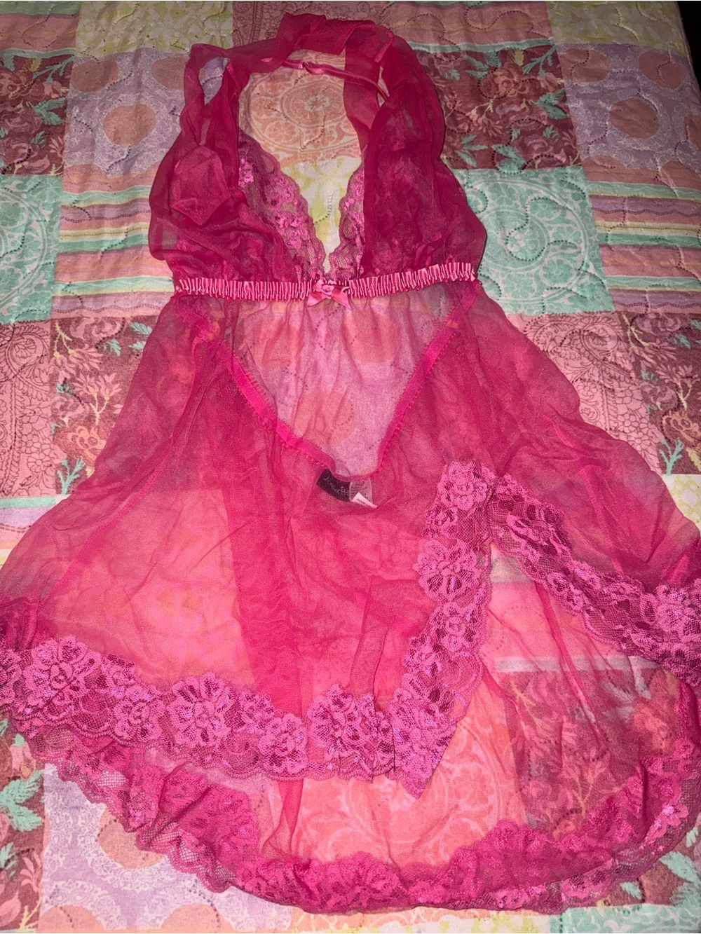 Frederick's of Hollywood Sheer Lace Halter Babydoll in Hot Pink